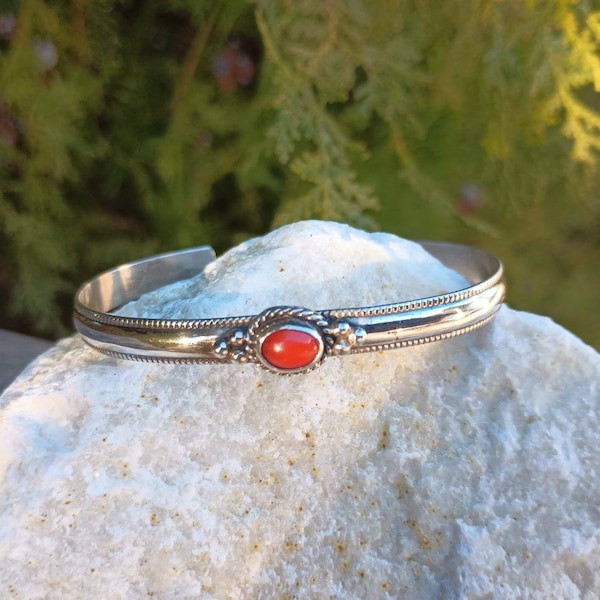 ANDY CADMAN Sterling Silver Coral Bracelet, Native American Navajo Artisan Signed Piece A Cadman, Vintage 925 Jewelry 925 Regalia, Size 6.5