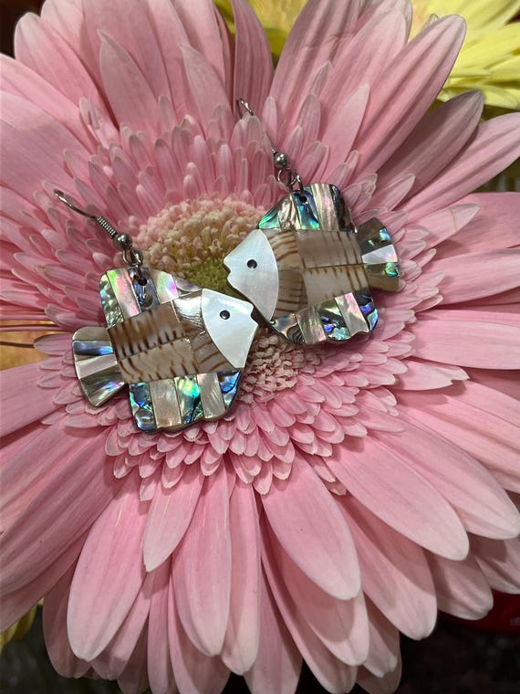 Abalone inlay shell fish earrings dangling earrin… - image 5