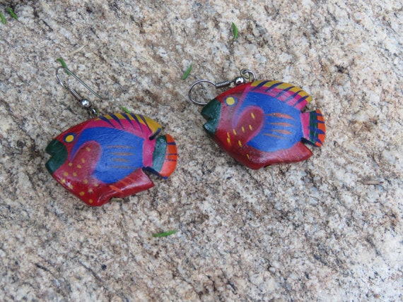 Wooden Tropical Fish Dangle & Drop Earrings, Colo… - image 3