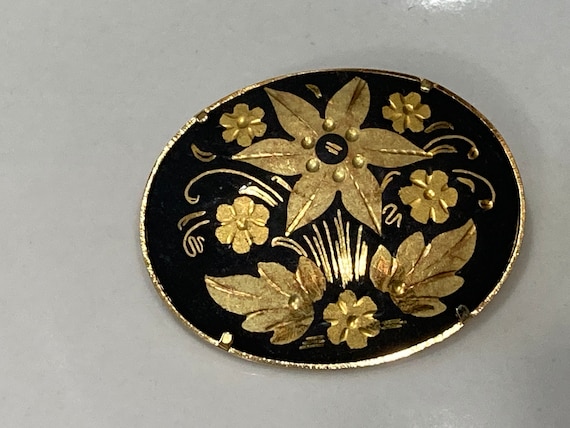 Damascene Brooch Gold Flowers On Black Enamel, Ov… - image 1