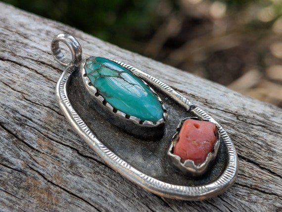 Turquoise & Coral Pendant, Southwestern Item, Vin… - image 1