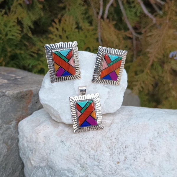 Quoc Sterling Silver Inlay Pendant & Earring Set, Native American Signed © QT STERLING ML, Vintage 925 Inlaid Jewelry, Quoc Turquoise Inc.