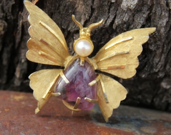 B.S.K. Amethyst & Faux Pearl Butterfly Brooch, Gold Tone Bug Pin, Insect Jewelry, February Birthstone Rock, Vintage Pin