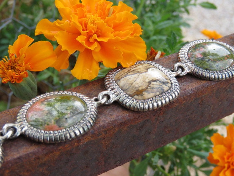 Country Western Jewelry Autumn Fall Thanksgiving Wear Natural Rock Stone Jewelry Vintage Lady Bracelet Unakite and Jasper Stones