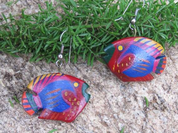 Wooden Tropical Fish Dangle & Drop Earrings, Colo… - image 1