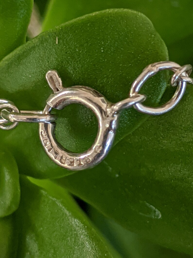 May include: Close-up of a silver clasp with the inscription "925 ITALY" on a necklace.