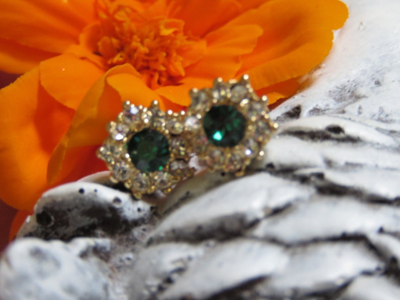 Emerald Green /& Cubic Zirconia Rhinestone Jewelry Dainty Emerald Post Earrings Stud Earrings May Birthstone ChristmasHoliday Jewelry