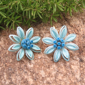 Two Tone Blue Daisy Flower Clip On Earrings, Vintage Lady, Enameled Metal Garden Flowers, Spring Summer Wear, Something Blue, Bridal image 3