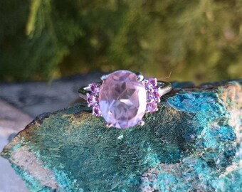 CHUCK CLEMENCY STS Sterling Silver Pink Tourmaline Ring, Vintage Signed Jewelry, Designer, Size 7.75, Women&#39;s Cocktail Raised Ring