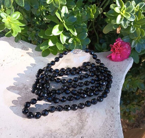 Faceted Jet Black Glass Beaded Necklace, Vintage … - image 4