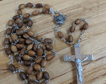 Bethlehem Catholic Prayer Rosary Beaded Necklace, Vintage Olive Wood Beads, Jesus Crucifix Cross, Jerusalem Pray Jewelry, Church, Religious