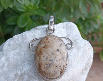 Sterling Silver Pendant, Picture Jasper Stone, Vintage 925 Jewelry, Large Oval, Earth Tone Colors, Elegant, Women's, Mother's Day Gift