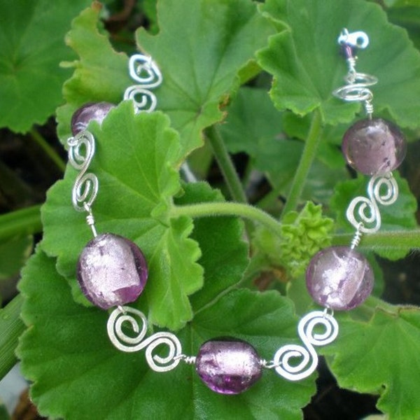 Murano Glass and Hammered Sterling Silver Swirl Bracelet- Purple and Swirls