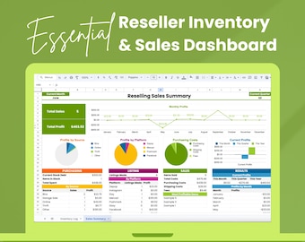 May include: A laptop screen displays a reseller inventory and sales dashboard. The dashboard includes charts and tables showing sales summaries, profits, and purchasing costs. Text on the screen reads "Essential Reseller Inventory & Sales Dashboard."