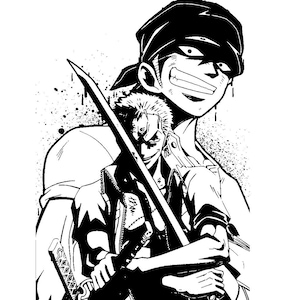 May include: Black and white illustration of a character with a sword, wearing a bandana and holding a katana. The image has a manga or anime style, with a second character in the background.