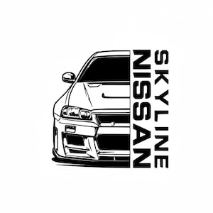 Puede incluir: Ilustración en blanco y negro de un coche Nissan Skyline. Se ve la mitad delantera del coche, con las palabras "SKYLINE NISSAN" en texto vertical en negrita a la derecha. La imagen está sobre un fondo blanco.
