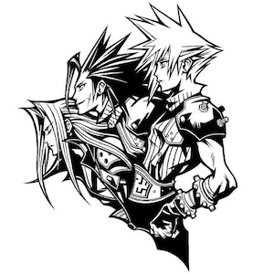 May include: Black and white illustration of three characters from a video game. The characters are in profile, with detailed features and spiky hair. The image has a bold, graphic style, with a clean white background.