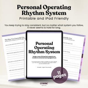 Puede incluir: Un planificador digital titulado "Personal Operating Rhythm System" se muestra en una tableta, con dos páginas abiertas a cada lado. El planificador está diseñado para ayudar a los usuarios a rediseñar sus días y crear un ritmo. El texto "Printable and iPad Friendly" también es visible.
