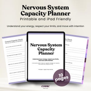 Op de afbeelding: Een digitale Nervous System Capacity Planner weergegeven op een tablet met een stylus, geflankeerd door twee printbare pagina's. De tekst luidt Nervous System Capacity Planner, Printable and iPad Friendly en 10 pages. Het ontwerp heeft paarse accenten.
