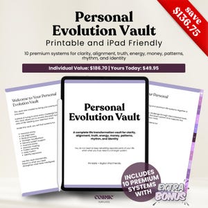 Puede incluir: Producto digital titulado "Personal Evolution Vault" con texto que describe 10 sistemas premium para claridad, alineación, etc. Incluye una tableta y dos impresiones. Una pancarta roja indica un ahorro de 136,75 $.