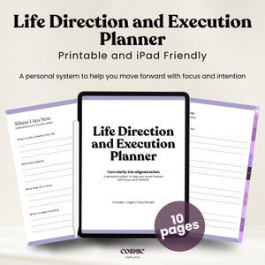 May include: A digital Life Direction and Execution Planner displayed on a tablet with a stylus. The screen shows the title and text, including '10 pages'. Two additional planner pages with lines and purple borders are visible behind the tablet.