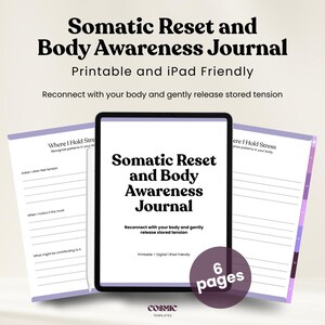 May include: An image shows a digital journal titled "Somatic Reset and Body Awareness Journal" on a tablet, with two open pages on either side. The journal is designed to help users reconnect with their bodies and release tension. The image includes the text "Printable and iPad Friendly."