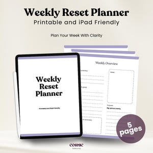 May include: A digital Weekly Reset Planner displayed on a tablet with a stylus, featuring a white background, purple accents, and black text. The planner includes sections for priorities, goals, notes, and reminders, totaling 5 pages for organization.