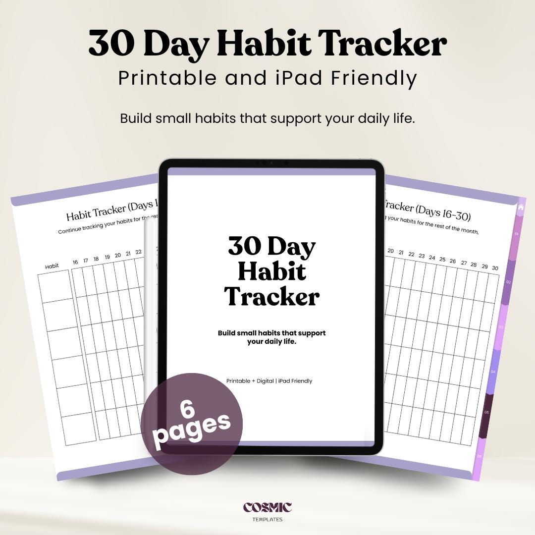 30 Day Habit Tracker Printable and iPad Friendly Daily Habit Tracking ...