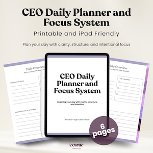 Puede incluir: Un planificador diario CEO y sistema de enfoque digital mostrado en una pantalla de tableta, acompañado de dos páginas imprimibles con secciones para resumen diario, enfoque principal y prioridades, con detalles y texto en color morado.
