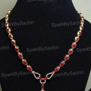 Women&#39;s Lariat Necklace Pear Cut Ruby Halo Statement Necklace Wedding Gift for Her Handmade Y Shape Ruby Birthdays Gift Necklace 925 Silver