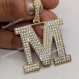 Round Cut Moissanite Diamond Custom Made M Alphabet Hip Hop Pendant, Unisex Custom Pendant, Personalized Pendant, 14k Yellow Gold Plated