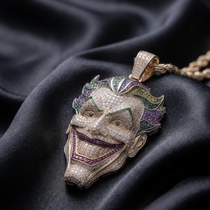 Jester Villain Pendant, Iced Out Comic Character Necklace, Hip Hop Pendant, 925 Sterling Silver Moissanite Jewelry, Luxury Streetwear Chain
