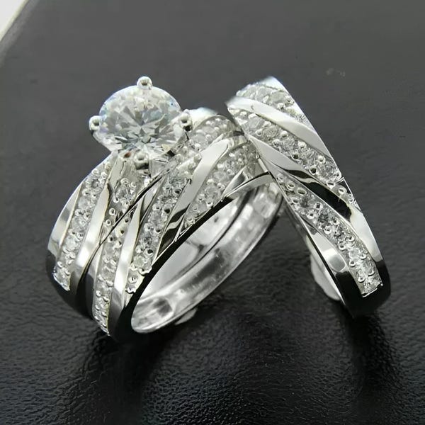 Simulated Diamond Trio Wedding Ring Set, 14k White Gold Plated