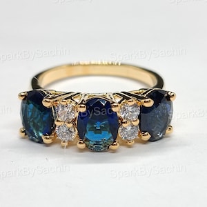 2.20Oval Cut Blue Sapphire & Diamond Wedding Ring, Three Stone Engagement Ring, Prong setting Ring, Anniversary Gift, Ring for Women/Girls