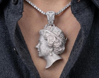 Iced Out Queen Portrait Pendant, Moissanite Diamond Royal Head Necklace, 925 Sterling Silver Hip Hop Jewelry