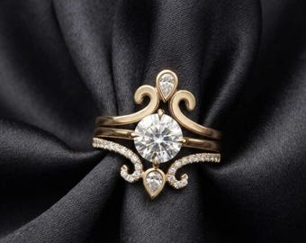 Moissanite Ring 14K Gold Plated, Round Cut Engagement Ring for Women, Vintage Royal Promise Ring, Unique Bridal Jewelry Gift