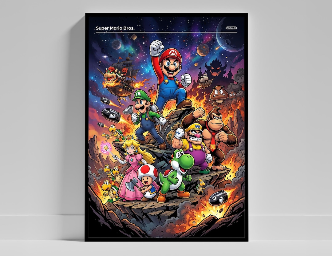 Super Mario Bros Poster, Bowser Video Game Print, Luigi Gaming Wall Art ...