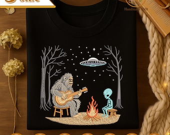 Bigfoot Alien Campfire Embroidery File, Bigfoot Alien Playing Guitar Embroidery Design, Camping Shirt Idea, Halloween Design