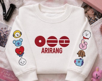 Kpop Embroidered Sweatshirt, BT-21 Inspired Crewneck, Ari-rang B-T-S Sweatshirt, Kpop Fan Gift, Korean Music Pullover, World Tour 2026 SHirt