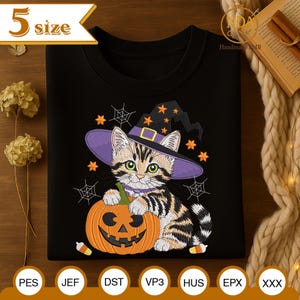 Halloween Witch Cat Pumpkin Spider Web Embroidery File, Cute Cat Embroidery Design, Cute Animal Shirt Idea, Spooky Season Gift