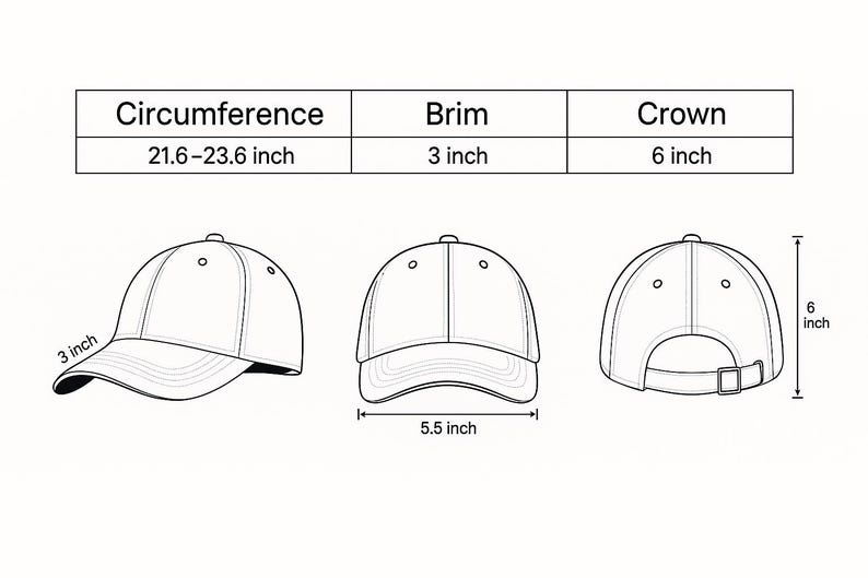 May include: Line drawing of a baseball cap with measurements. The circumference is 21.6-23.6 inches, the brim is 3 inches, and the crown is 6 inches. The cap is shown from three angles: side, front, and back.