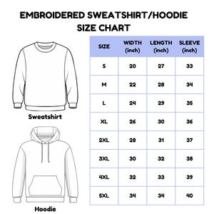 May include: An embroidered sweatshirt and hoodie size chart. The chart includes measurements for width, length, and sleeve length in inches for sizes S to 5XL. The image also shows a sweatshirt and a hoodie.