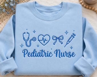 Geborduurd sweatshirt pediatrisch verpleegkundige, verpleegkundige ronde hals, shirt voor zorgverlener, medisch sweatshirt stethoscoop, cadeau verpleegkundige