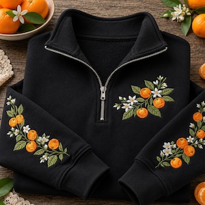 Orange broderad tröja med kvarts dragkedja, citrusblomströja, gåva för botanisk fruktälskare