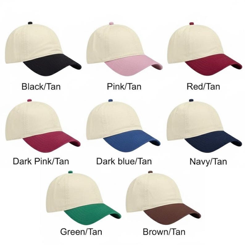 Peut inclure: Plusieurs casquettes de baseball avec des couronnes beiges et des visi&egrave;res color&eacute;es. Les couleurs des visi&egrave;res sont noir, rose, rouge, rose fonc&eacute;, bleu fonc&eacute;, marine, vert et marron. Le texte "Black/Tan", "Pink/Tan", "Red/Tan", "Dark Pink/Tan", "Dark blue/Tan", "Navy/Tan", "Green/Tan", et "Brown/Tan" est affich&eacute;.