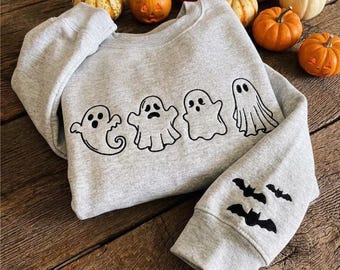 Sweat-shirt fantôme brodé, jolie chemise d'Halloween avec des chauves-souris, col ras du cou fantôme effrayant, t-shirt à manches chauve-souris, cadeau de saison effrayante, chemise HALOWEEN