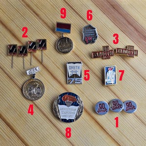 May include: A collection of vintage metal pins and badges, including round, rectangular, and shield-shaped designs. The pins feature text and symbols, with colors like red, blue, gold, and silver. Some pins commemorate anniversaries or institutions.