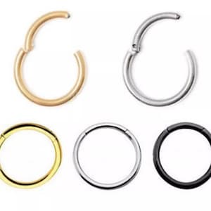May include: An assortment of nose rings in gold, silver, and black. The image displays three closed rings and two open rings. The open rings are gold and silver. The closed rings are gold, silver, and black.