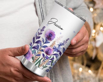 Personalized Purple Floral Tumbler, Custom Name Flower Cup, 20oz Stainless Steel Travel Mug, Gift for Women Mom, Elegant Botanical Design