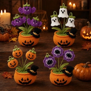 Crochet Halloween Flower Pot, Ghost Bat Pumpkin or Spiderweb Amigurumi, Spooky Desk Decor, Cute Halloween Gift